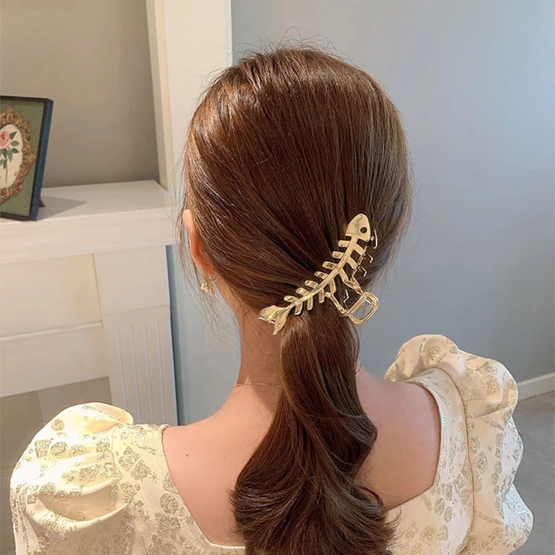 Kẹp Tóc Kim Loại Hình Xương Cá Đính Đá Đơn Giản Thời Trang