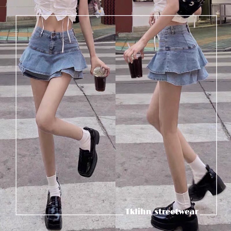 ULZZANG Chân váy jean xoè ulzzang xếp tầng hot trend 2021