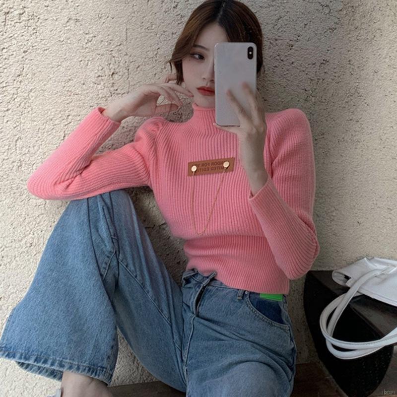 Áo Croptop Dệt Kim Tay Dài Cổ Lọ Phong Cách Hàn Quốc