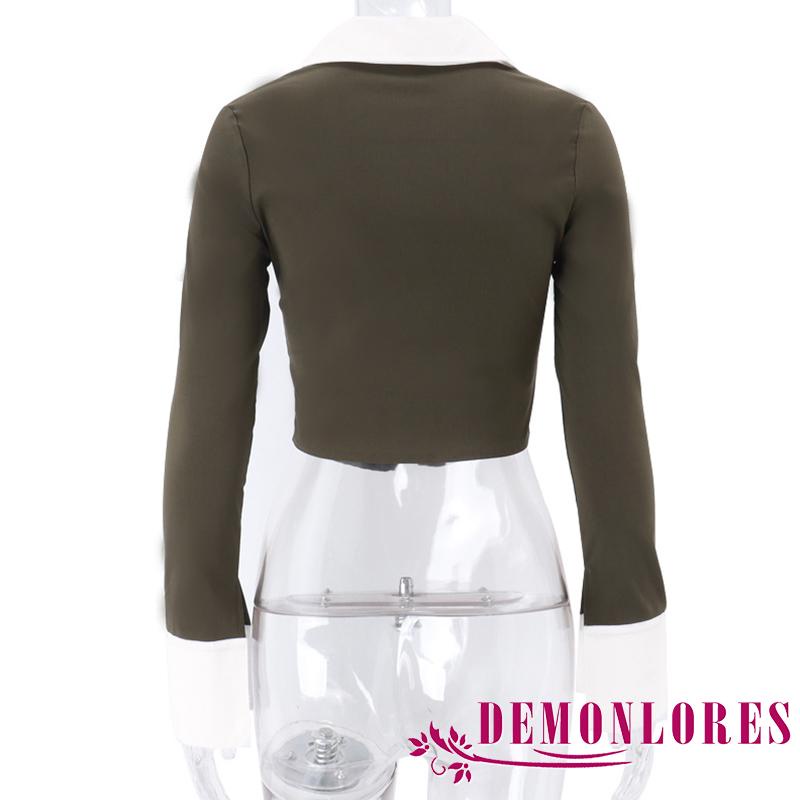 Áo Thun Crop Top Tay Dài Màu Sắc Tương Phản Phong Cách Retro Dành Cho Nữ