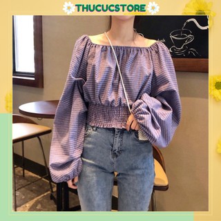 Áo trễ vai kẻ ô croptop tay dài phong cách Hàn Quốc năng động hàng chuẩn Quảng Châu loại 1 (kèm ảnh thật)