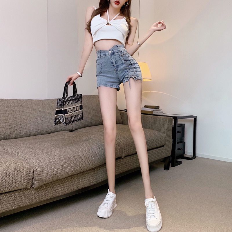 Quần short denim lưng cao cột dây màu sáng phong cách Hàn Quốc thời trang mùa hè quyến rũ cho nữ