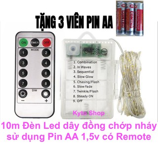 (GIÁ HỦY DIỆT) 10m Đèn led dây đồng chớp nháy có Remote điều khiển sử dụng pin AA dùng trang trí phòng ngủ, phòng khách