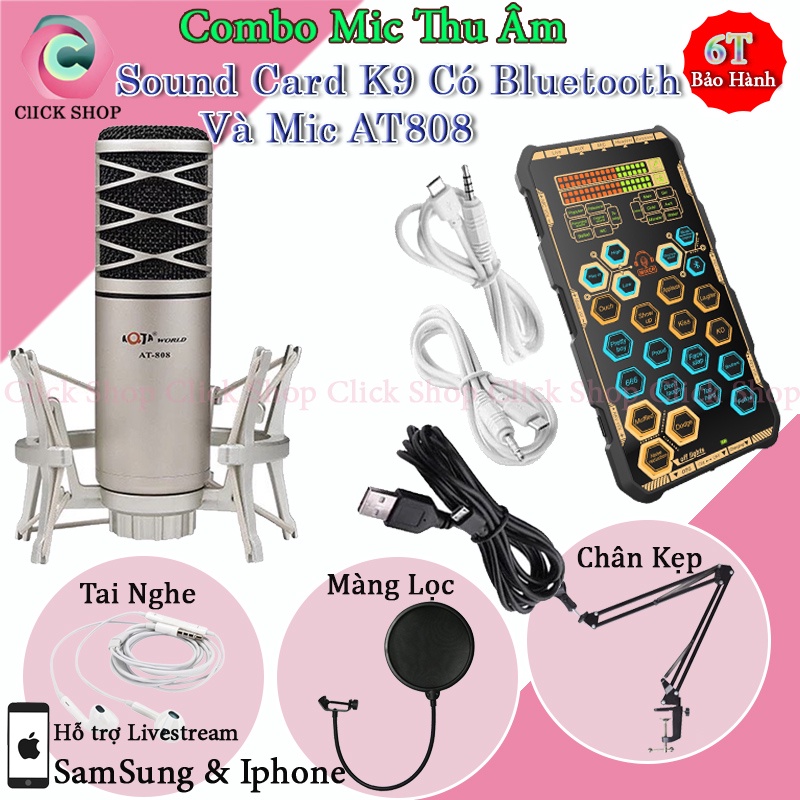Bộ Mic Thu Âm Livestream AT808 Và Sound Card k9 Có Autotune tích pin bluetooth đi kèm chân kẹp màng lọc tai nghe tặng