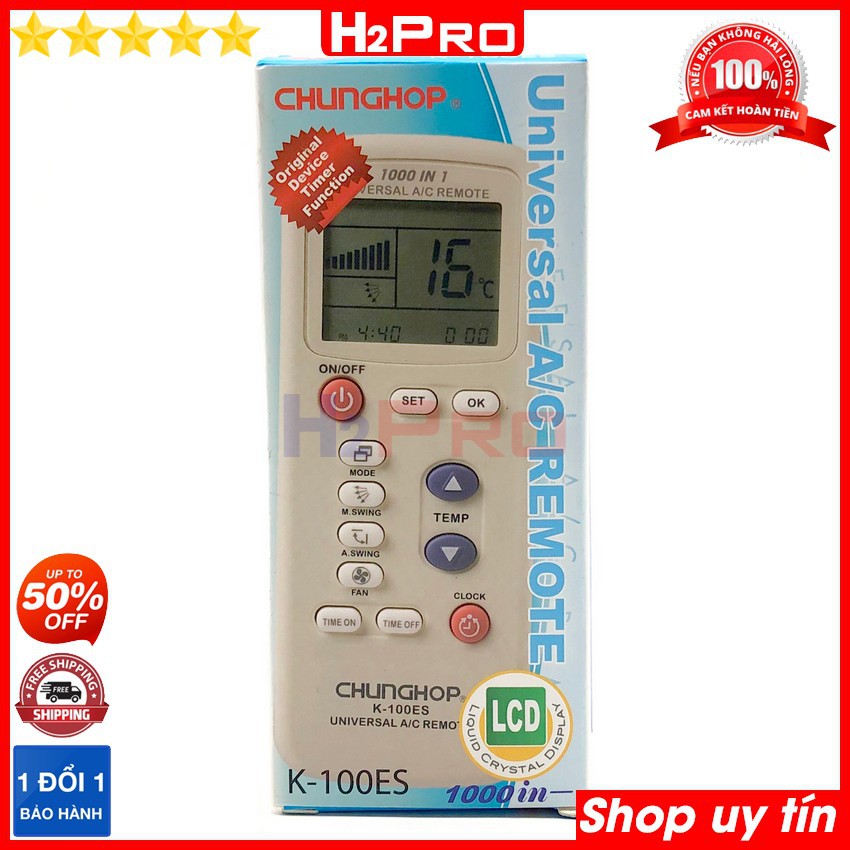 Điều khiển điều hòa đa năng CHUNGHOP K-100ES H2Pro 1000 trong 1 cao cấp,remote cho máy lạnh điều hòa (tặng đôi pin 10K)