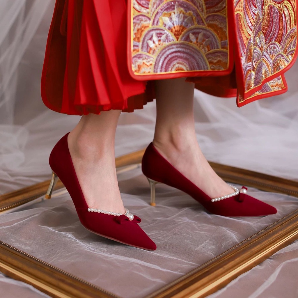 Giày Cao Gót Hai Cách Mang Màu Đỏ Thời Trang Mùa Thu Mới Dành Cho Cô Dâu