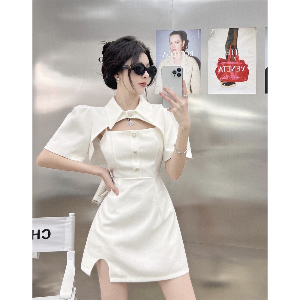 Set Váy Hai Dây Nữ Thiết Kế Vải Dạ Kèm Cổ Áo Tay Bồng Kiểu Pháp Phong Cách Retro Hàn Quốc Hai Màu Đen Trắng Độc Đáo Chất