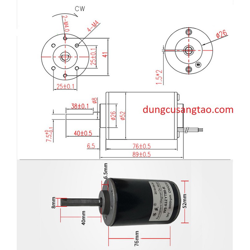 Motor 24v trục 8mm 8000 vòng/phút / Động cơ 24vdc 8000rpm / Motor cốt 8mm 52 ZYT 89-R