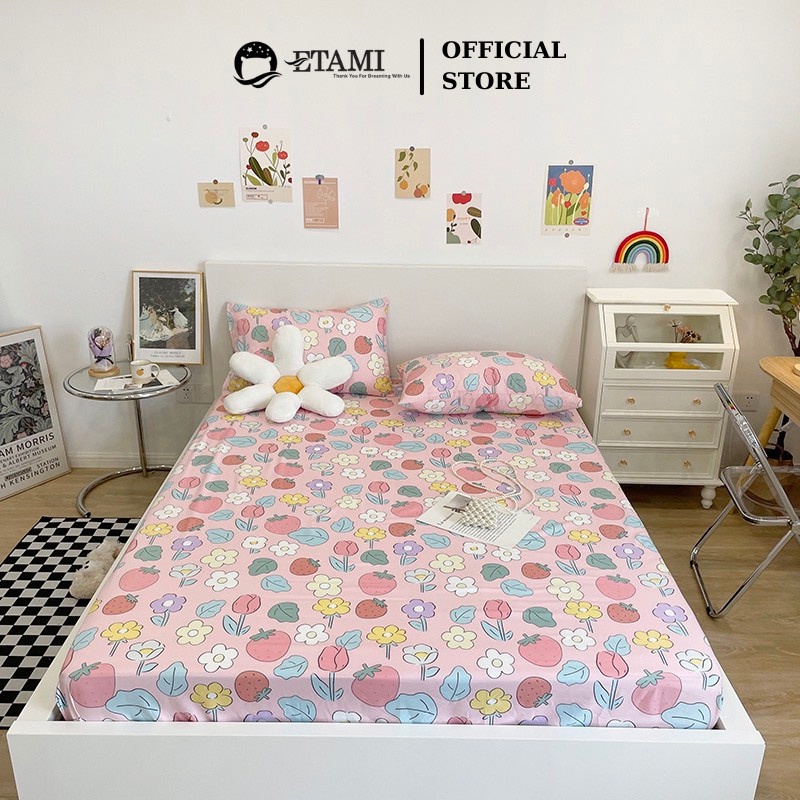 Bộ ga gối ETAMI drap giường cotton poly 5D, ga trải giường + 2 vỏ gối nằm màu hoa quả