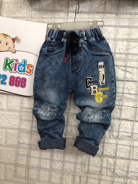 Combo Quần jean cho bé SB rách pha kẻ xanh đậm 14-26kg