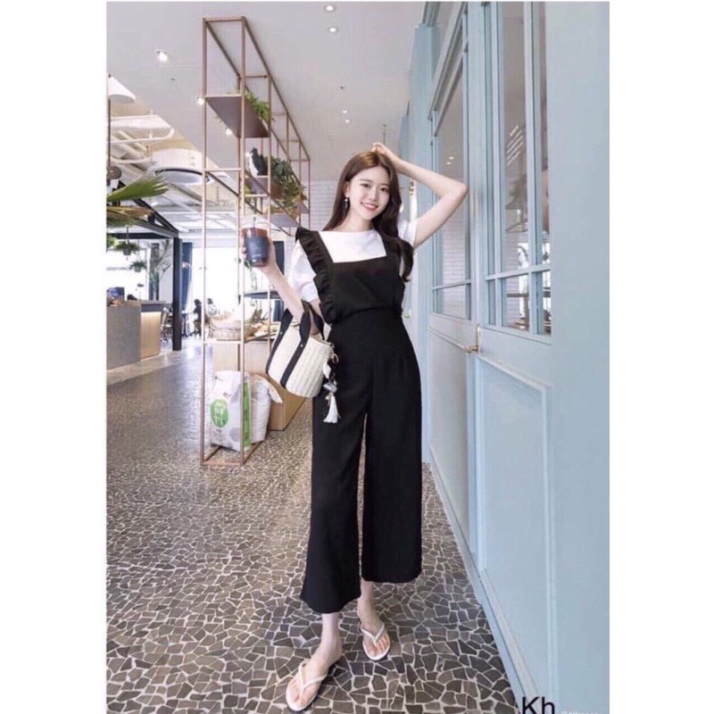 0N8-ảnh thật Set Yếm nữ quần đen ống rộng 2 dây bèo kèm áo thun trắng tay ngắn cực xinh