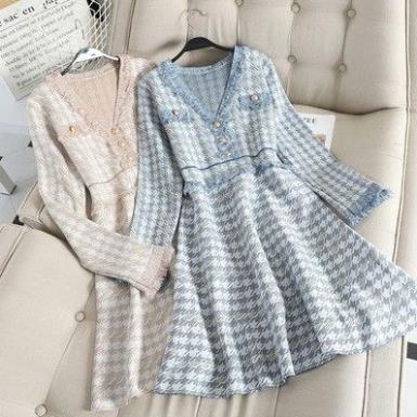 Váy len chữ A đầm dệt kim họa tiết houndstooth Đ216 - Có ảnh thật