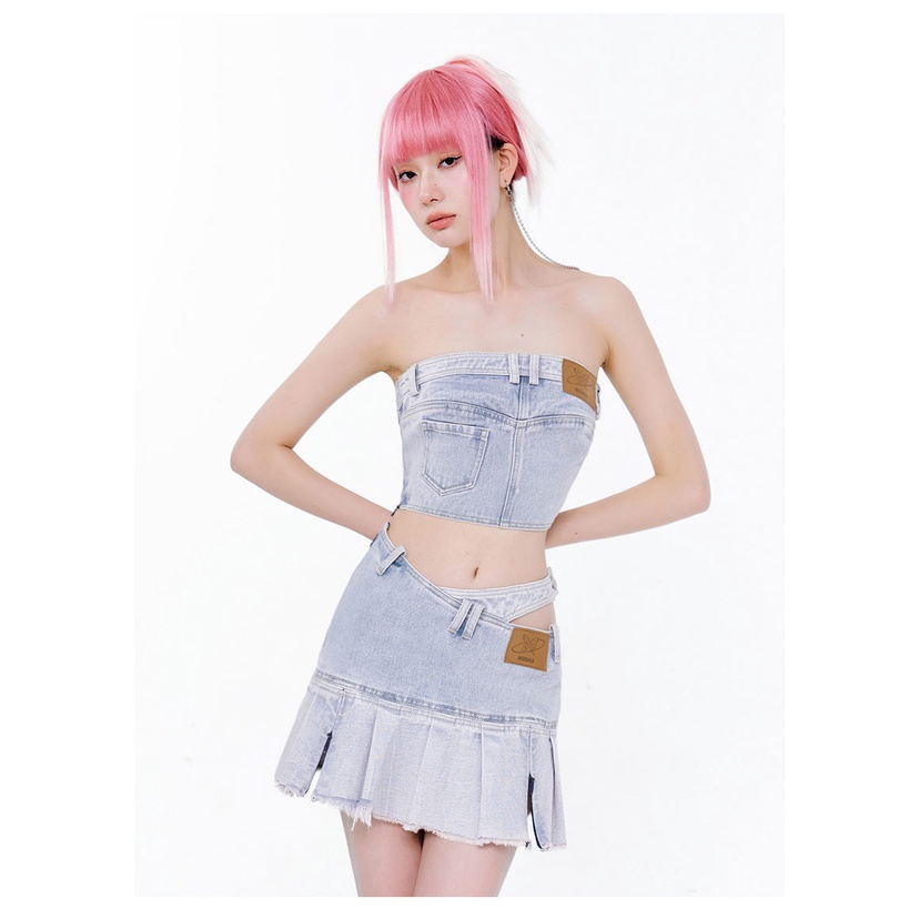 Set áo ống ngắn và chân váy denim eo cao phong cách đường phố thời trang mùa hè WooHa WooHa 2022 cho bạn gái