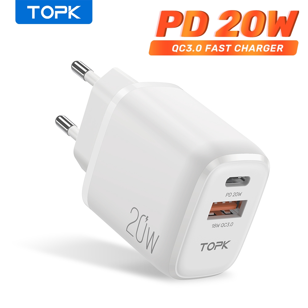 Củ Sạc Nhanh TOPK B210p Mini 20W PD3.0 QC3.0 Với 2 Cổng