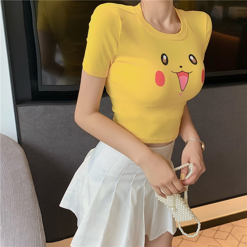 Áo thun croptop tay ngắn in hình Pikachu dễ thương