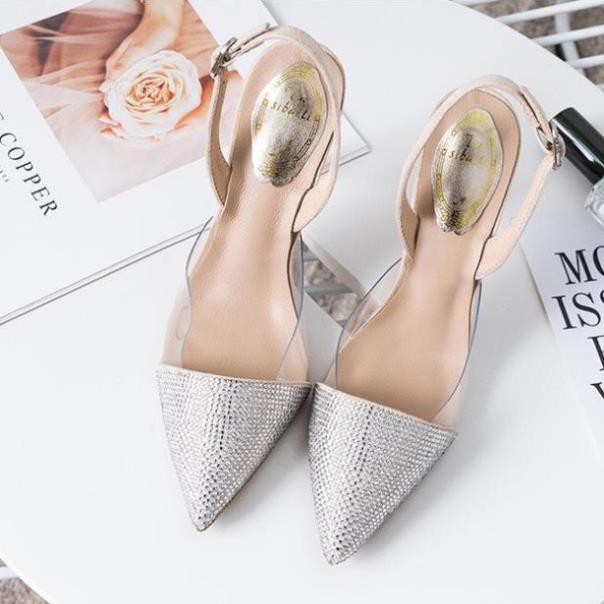 Hạ Giá - Giày cao gót slingback mũi nhọn đính đá màu đen-Hình thật+video  Nw123