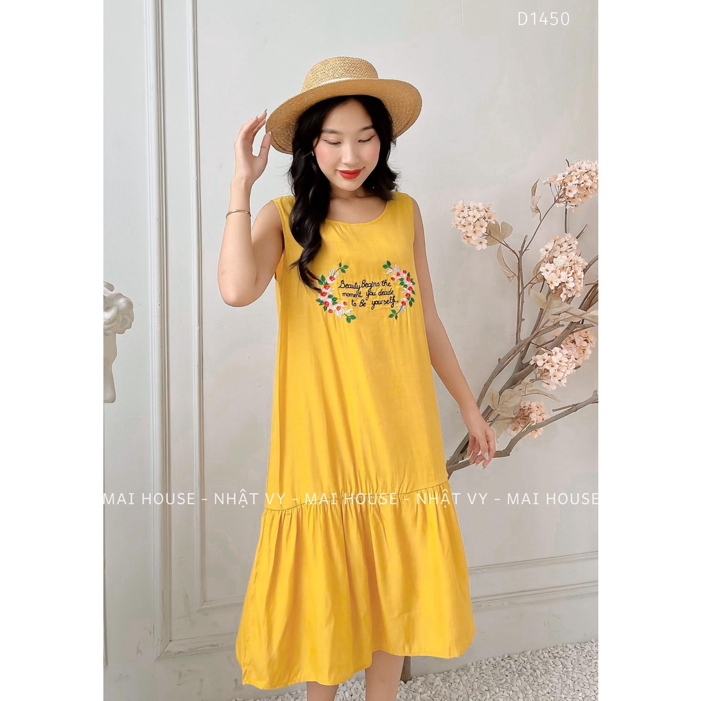 Đầm Đi Chơi NHẬT VY Sát Nách Thêu Chữ Dáng Suông Đuôi Cá Chất Vải Tơ Xước Màu Vàng, Trắng - D1450 | BigBuy360 - bigbuy360.vn