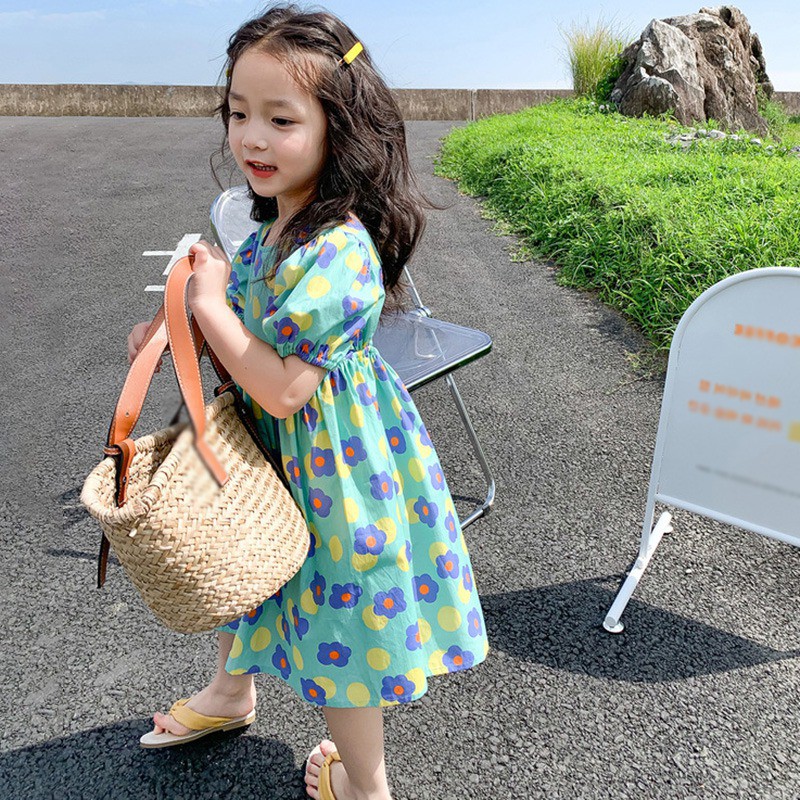 Đầm tay phồng hở lưng họa tiết hoa phong cách retro Hàn Quốc dành cho bé gái