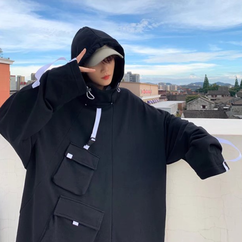Áo khoác hoodie dáng rộng có nhiều túi đựng tay dài phong cách mùa thu cho nam nữ