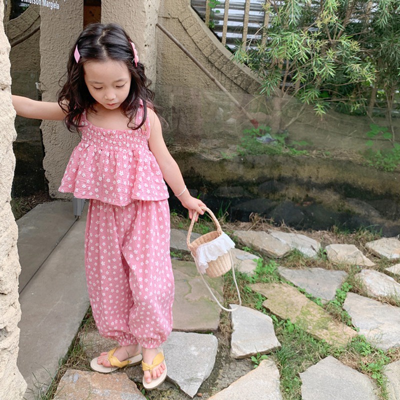 Se7en Bộ Áo Hai Dây In Hoa + Quần Dài Chống Muỗi Mùa Hè Cho Bé Gái