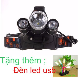 Đèn pin đội đầu 3 bóng siêu sáng + tặng đèn led usb