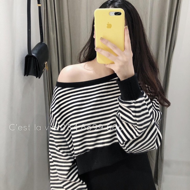 CROPTOP SỌC NGANG BO LAI ĐEN 🍂