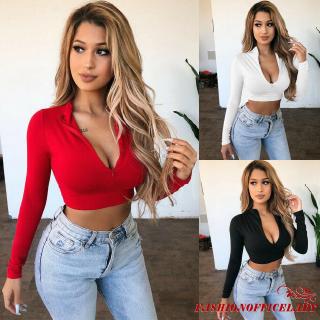 Áo Croptop Tay Dài Cổ Chữ V Phối Dây Kéo Gợi Cảm