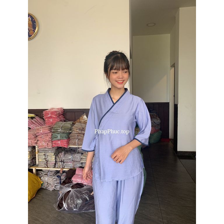 Thời trang đi chùa - đồ lam - đồ phật tử- Đũi tơ mát, cột nơ không thêu | BigBuy360 - bigbuy360.vn