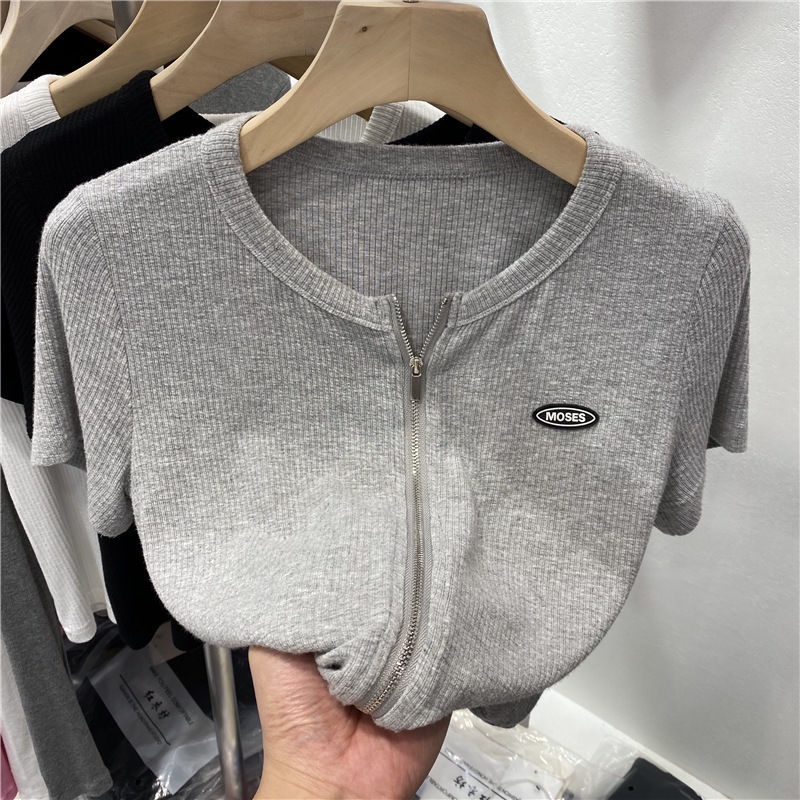 Áo thun BH tay ngắn cổ tròn màu trơn phối khóa kéo đôi thời trang cho nữ màu sắc