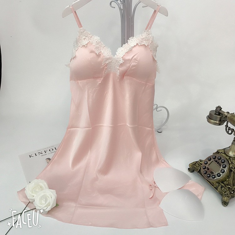 [sizeM/L/XL 42-60kg][kèm mút ngực]Váy ngủ sexy hai dây phi lụa viền ren hoa trắng AM125076_đầm ngủ sexy | BigBuy360 - bigbuy360.vn