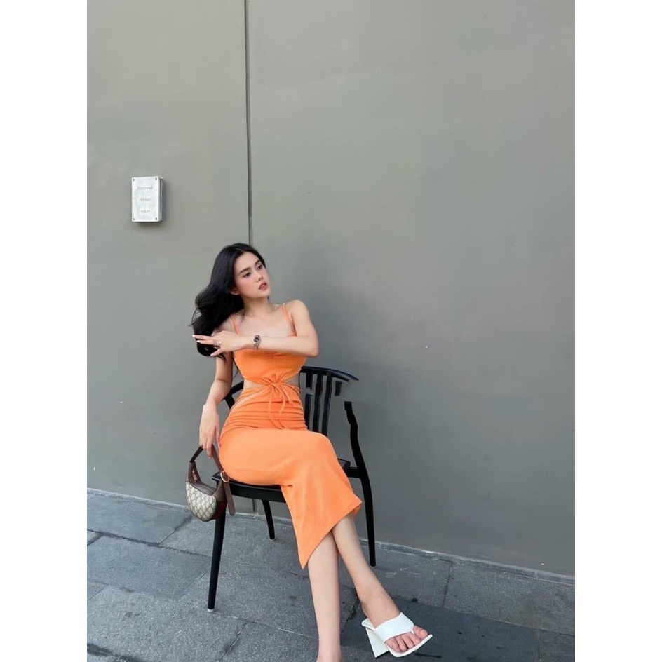 Đầm 2 dây nhíu ngực hở lưng cột dây khoét eo 2 dây ngang eo xẻ tà sau cực sexy , chất thun gân dày dặn mk