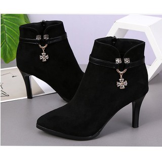 Ảnh thật - Giày boot nữ cao gót da lộn phong cách Hàn Quốc cao 8cm B136