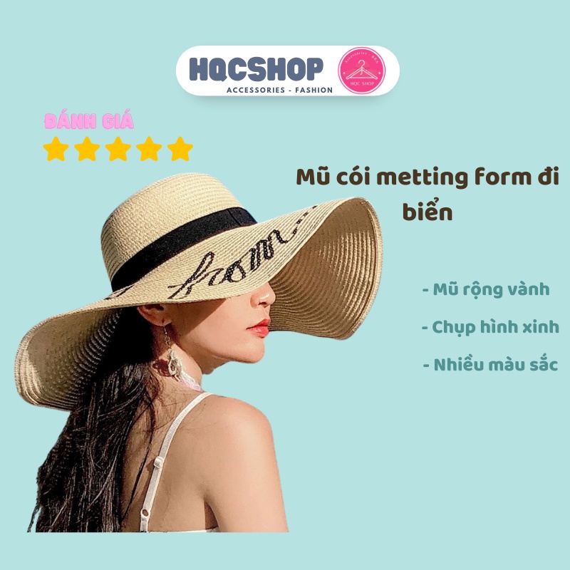 Mũ cói đi biển vành rộng thêu chữ METTING BL018