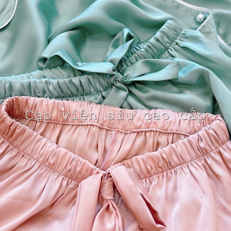 set bộ lụa pha ren gấu áo dài tay quần dài kèm bịt mắt 2 màu hồng xanh | BigBuy360 - bigbuy360.vn