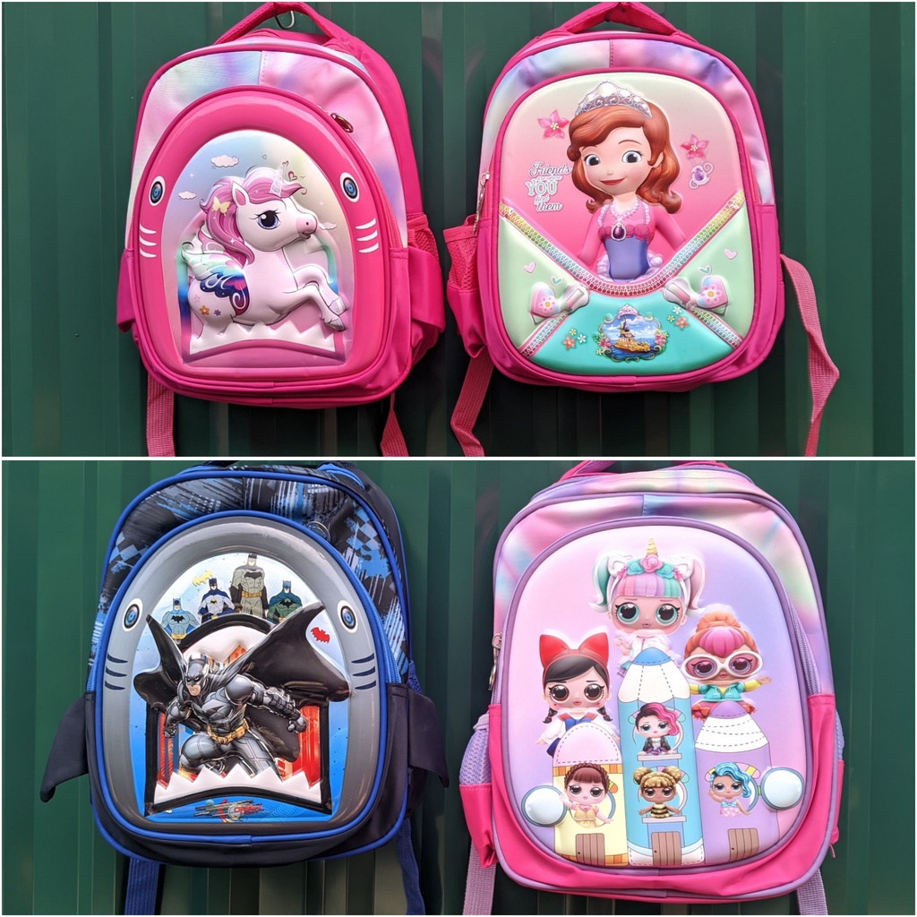 Balo chống gù lưng hình oto, siêu nhân,  công chúa in nổi 3D cho bé mẫu giáo, hàng dày đẹp