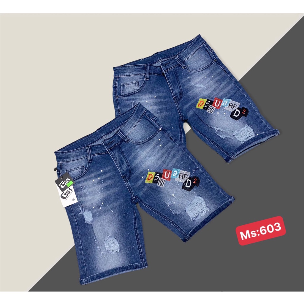 Quần short jean nam thêu DS.Q2 màu xanh rách vẩy sơn mẫu mới nhất vải dày form đẹp co dãn tốt cao cấp