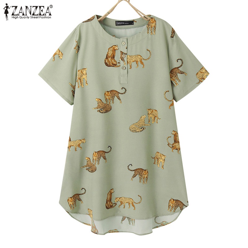 ZANZEA Đầm Tay Ngắn Cổ Tròn Cài Nút Trước Họa Tiết Động Vật Thời Trang Cho Nữ