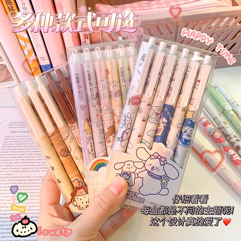 Set 6 Bút Mực Gel Ngòi 0.5mm Có Thể Thu Gọn Họa Tiết Hoạt Hình Dễ Thương