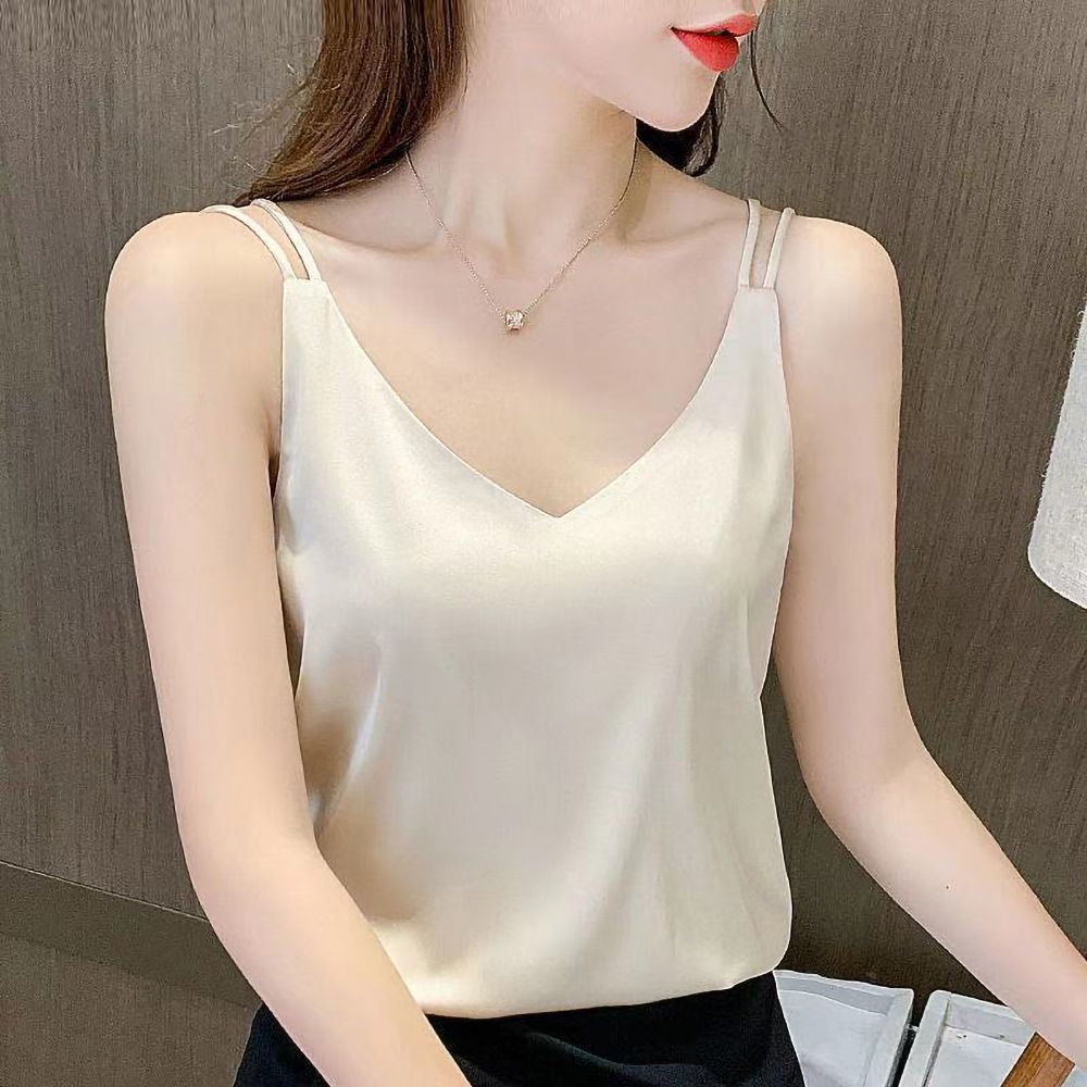 Áo Thun Lụa Lạnh Hai Dây Dáng Rộng Cổ Chữ V Hở Lưng Gợi Cảm Thời Trang Mùa Hè Cho Bạn Gái