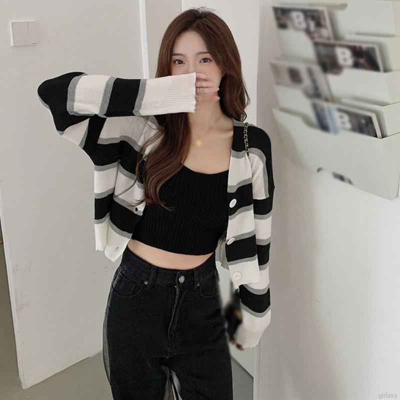 Áo khoác cardigan tay dài cổ chữ V gài nút gài trước ngực họa tiết kẻ sọc phong cách Hàn Quốc thời trang cho nữ