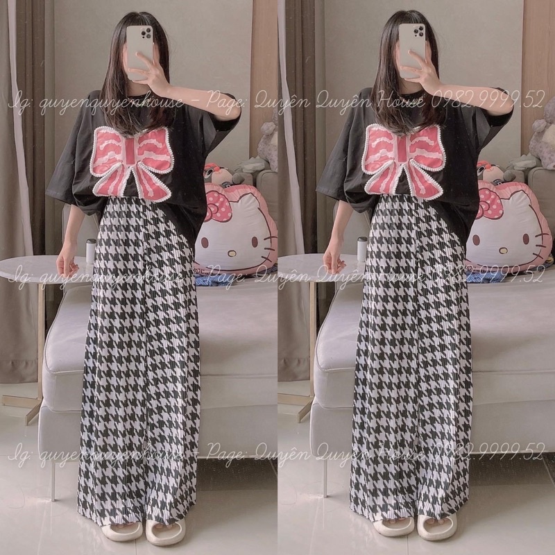 Set áo cotton đen nơ quần suông gân A9