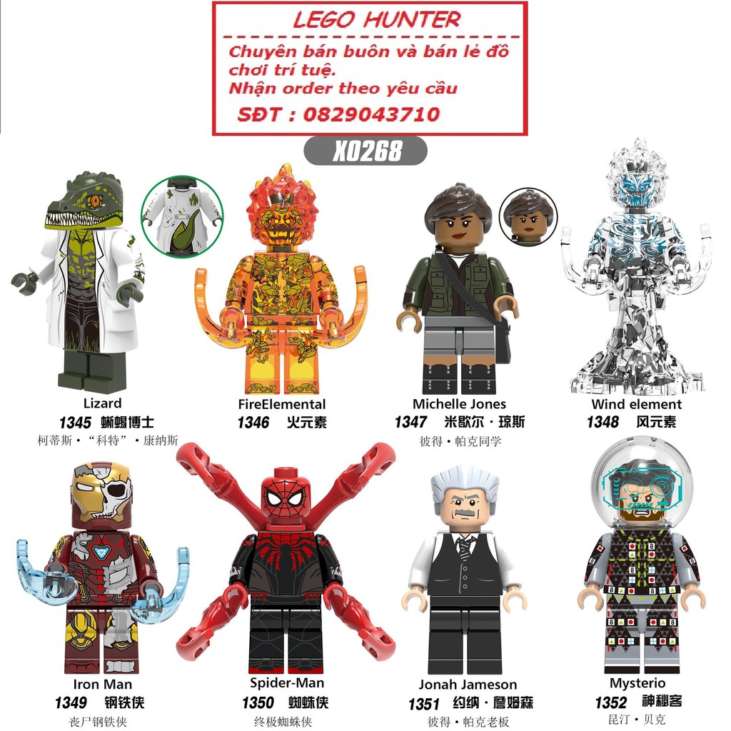 Lego Marvel Minifigures Superheroes Spider-man Lizard Fireelemental Michelle Jones Windelemental Ironman Mysterio X0268