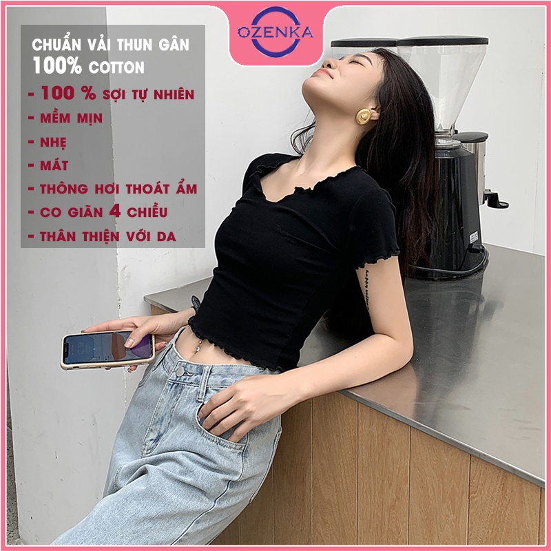 Áo croptop cộc tay ôm body fress air OZENKA , ao crt nữ phong cách tối giản thun gân 100% cotton màu đen trắng free size