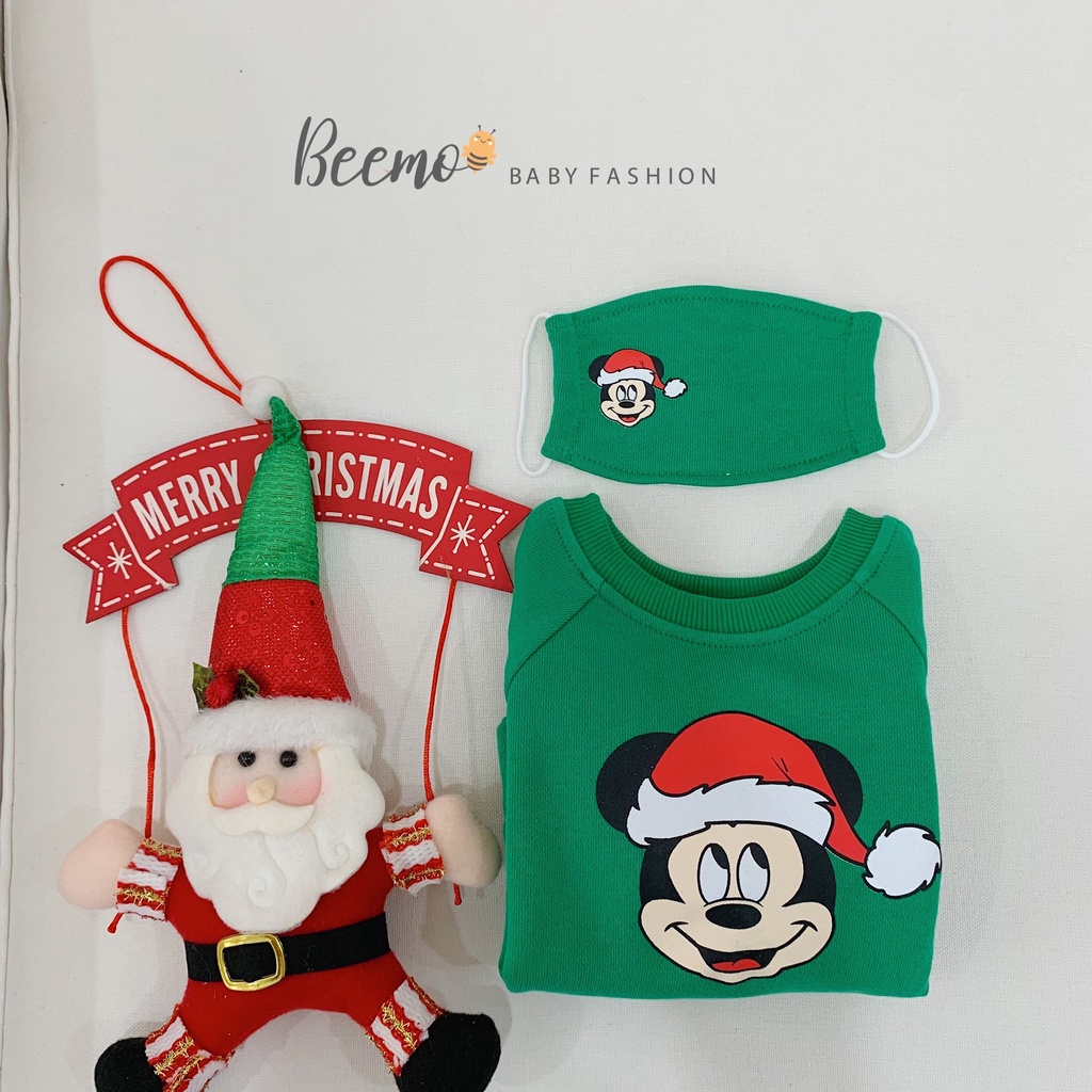 Áo Noel nỉ da cá Beemo dài tay tặng kèm khẩu trang cao cấp, áo nỉ da cá hoạ tiết Mickey Noel cho bé trai/bé gái