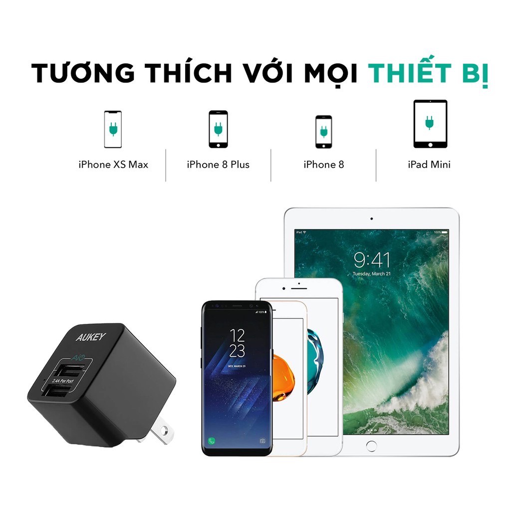 Củ sạc iPhone, iPad, iPod, AirPods, pin sạc dự phòng, điện thoại Android AUKEY Minima Dou PA-U32 12W 02 cổng USB-A AiQ