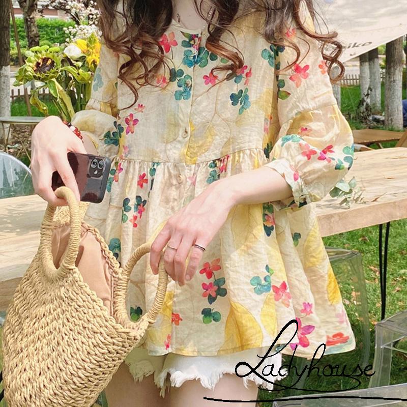 Áo Sơ Mi Cổ Tròn Tay 3/4 In Họa Tiết Hoa Lá Phong Cách Hàn Quốc Ngọt Ngào Dành Cho Nữ