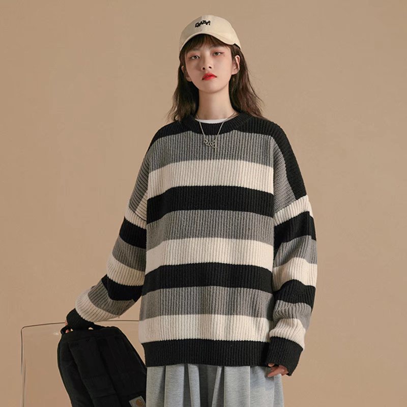 Áo Sweater Dệt Kim Cổ Tròn Họa Tiết Kẻ Sọc Phong Cách Hàn Quốc Thời Trang Thu Đông Cho Nam