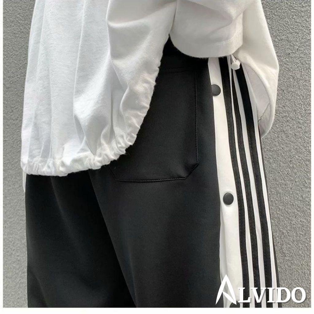 [ẢNH THẬT CUỐI]Quần ống rộng nam CÚC POLY unisex ALVIDO phối ba sọc-khuy nút thun dáng suông cao cấp bigsize thu đông | BigBuy360 - bigbuy360.vn