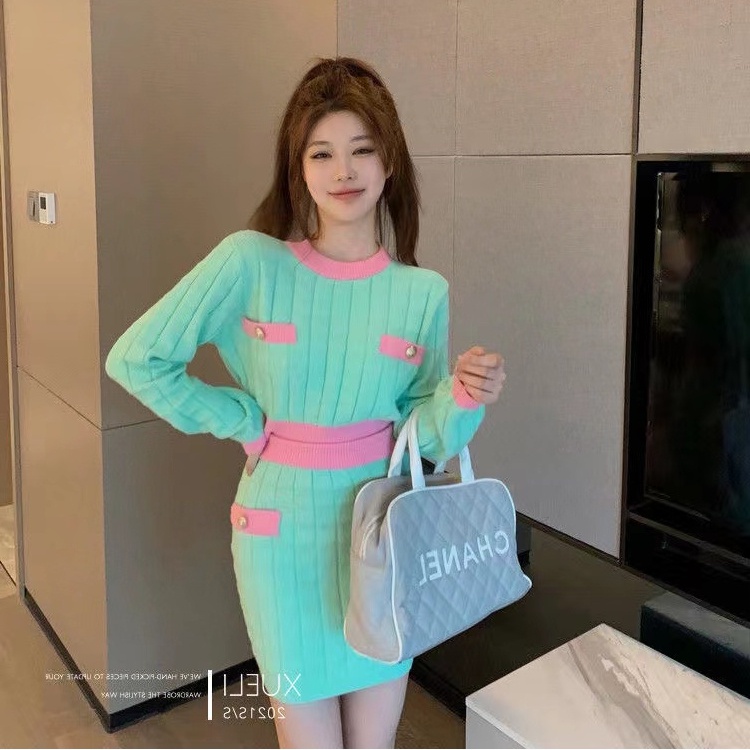 SUXI Bộ Áo Dệt Kim Dài Tay + Chân Váy Mini Thời Trang Hàn Quốc Trẻ Trung