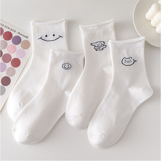 Tất cổ cao, vớ cổ cao nữ trắng họa tiết dễ thương vải co giãn thời trang Hàn Quốc Fashinrandy